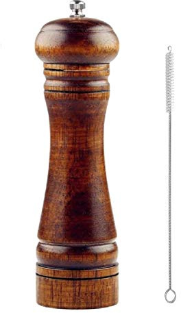 Wooden Pepper Mill or Salt Mill with a cleaning brush - 8 inch tall - Best Pepper or Salt Grinder Wood with a Adjustable Ceramic Rotor and easily refillable - Oak Wood Pepper Grinder for your kitchen