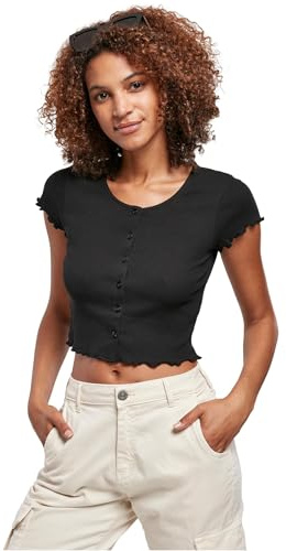 Urban Classics Ladies Cropped Button Up Rib Tee, Black, 4XL