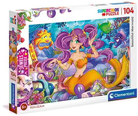 Clementoni 20178 Jewels Puzzle Meerjungfrauen – Puzzle 104 Teile ab 6 Jahren, farbenfrohes Kinderpuzzle mit Glitzersteinen zum Aufkleben, Geschicklichkeitsspiel für Kinder