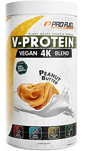 Vegan Protein Pulver ERDNUSSBUTTER – V-PROTEIN 4K Blend | Unglaublich lecker & cremig | 750g | Aus Sonnenblumen, Soja, Hanfsamen & Kürbiskernen | Pflanzliches Eiweißpulver mit 78% Eiweiß