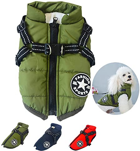 Nayoroom Hundemantel für Mittel Kleine Hunde - Warme Weste mit Hundegeschirr - Wasserdicht Winddicht - Hundejacke Hundepullover Hundebekleidung für Chihuahua Französische Bulldogge Dackel(Grün XL)