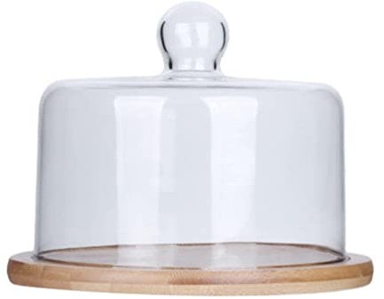 Housoutil Cake Stand with Glass Dome Lid, Acacia Wood Cake Plate with Cover, Wooden Cake Display Stand for Birthday, Wedding, Party(Dome Diameter:7.07inch)