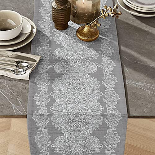 Generisch Tischläufer 100% Baumwolle 50x150cm robuste Qualität Leinen- Jute- Spitzen- Optik Landhaus-Stil, Grau