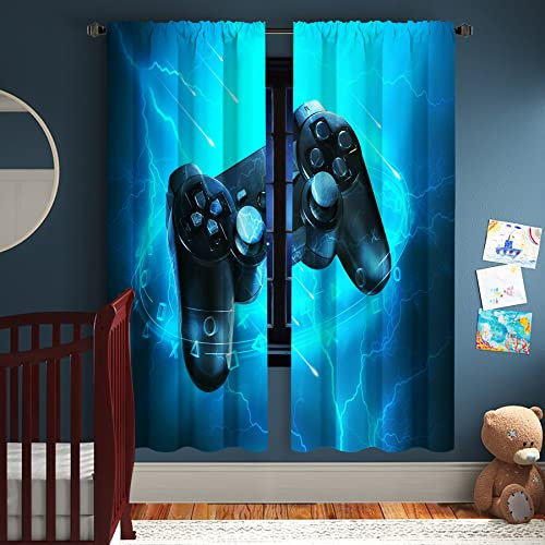 Miyotaa Blue Video Game Curtains 2 Panels 42W x 63H Rod Pocket Cool Teen Boys Gaming Cool Gamepad Polyester Window Drapery Treatment for Bedroom Living Room