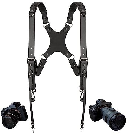 4J LEDR Camera Strap Accessories for Two-Cameras,Dual Camera Harness,Dual Shoulder Leather Harness,Camera Shoulder Strap,Leather Camera Strap,Multi Camera Gear for DSLR/SLR Strap, Black, Large