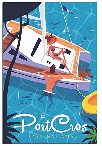 Port-Cros National Park Yacht Vintage Reiseposter Leinwandkunst Wand-Dekor Poster Bild Druck Gemälde Poster Geschenk 20 x 30 cm