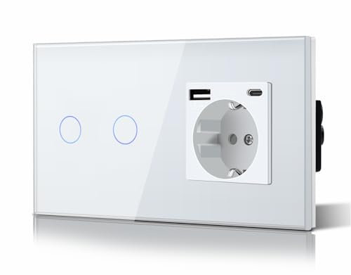 BSEED Schuko Lichtschalter mit Steckdose Unterputz 2 Fach 2 Weg Lichtschalter + 3 in 1 Steckdose mit 2.1 A USB Ladeleistung und Type C Adapter Aufladestation Verlängerungssteckdosen Glas 157mm Weiß