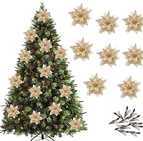 12Pcs Christmas Poinsettia Flower Artificial Pointsettia with Clips Christmas Glitter Poinsettia Ornaments Christmas Tree Flower Decorations, DIY Xmas Wreath Holiday Party Decor (Gold)