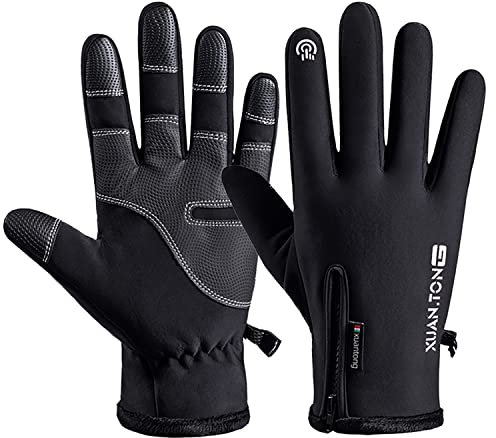 Yoofun Winter Gloves for Men - Waterproof Thermal, Touchscreen, Anti-slip Palm, Windproof, Warm Gloves with Zipper - Cycling, Driving, Climbing, Hiking, Skiing (Black, XL)