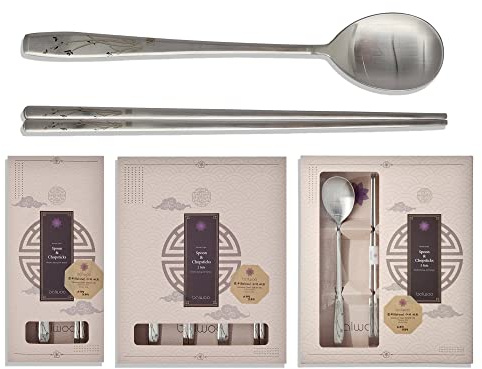 Balwoo [2 Sets] Orchid Design Korean Style Sticky Rice Spoon Chopsticks Set 304 Stainless Steel Soup Spoon Ramen Chopsticks Flatware (2 Sets)