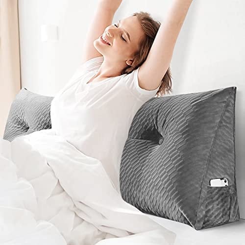 Rückenkissen Lesekissen für Bett 120cm, Großes Dreieckigen Sofakissen Wandkissen Bett für Lesen Schlafzimmer Erkerfenster Kopfenden Tatami Der Kissenbezug ist Maschinenwaschbar Grau