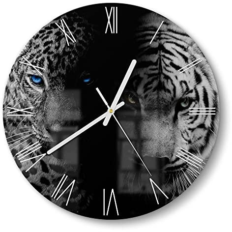 DEQORI Glasuhr | rund Ø 30 cm | Motiv Leopard und Tiger | ausgefallene leise Design Uhr aus Glas | Wanduhr für Wohnzimmer & Küche | Moderne Hingucker Uhr für die Wand