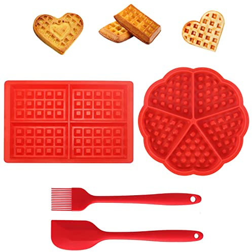 4 Stück Silikon Waffelform,mit Teigschaber und Pinsel,Silikon Waffeln Backform Antihaft Silikonformen Set für Kinder Muffins Keks Kochen Küche Backen