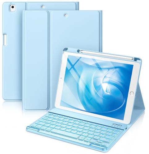 Vobafe Case with Keyboard for iPad 9th/8th/7th Generation Case 10.2 Inch | 7 Colors Backlit Detachable Keyboard Folio Cover with Pencil Holder for iPad Pro 10.5/Air 3rd Gen, UK Layout, Light Blue
