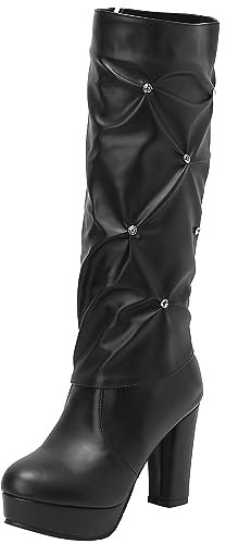 Smilice Stivali alti al ginocchio da donna con tacco a blocco, strass e chiusura lampo, Nero , 45 EU