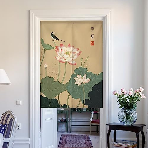 Noren Style Chinoise Rideau de Porte Style Japonais Fenêtre Rideaux Panneau Tenture Tapisserie Traditionnel Imprimé Coton Lin Décoration de Porte Tapisserie Décoration feuille de lotus 65 x 90 cm