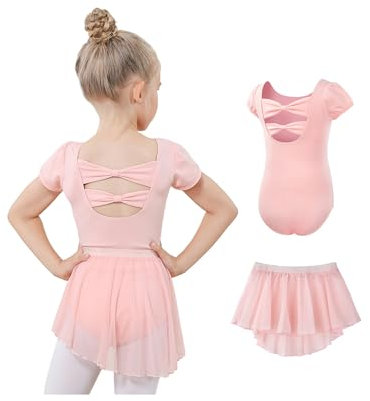 Gogokids 2er Pack Ballett-Trikots für Mädchen, Kleinkind Kurzarm Gymnastikanzug mit Abnehmbarem Chiffonrock, Kinder Ballett Tanzkleidungsset für 4-5 Jahre