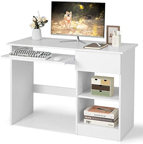 GIANTEX Scrivania per Computer, Scrivania PC con Ripiano Porta Tastiera Cassetto Profondo e Ripiano Regolabile, Tavolo Scrivania Salvaspazio Multiuso da Studio Ufficio, Bianco