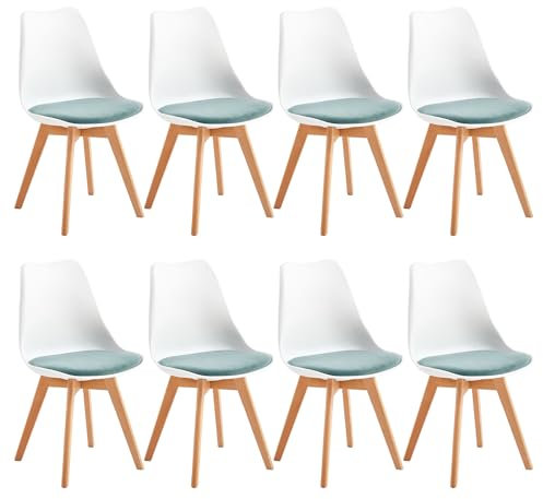 EGGREE Pack 8 Sillas de Comedor Sillas Cocina Nordica con Asiento Tapizado de Terciopelo y Patas de Haya, Blanco & Verde Agua Terciopelo