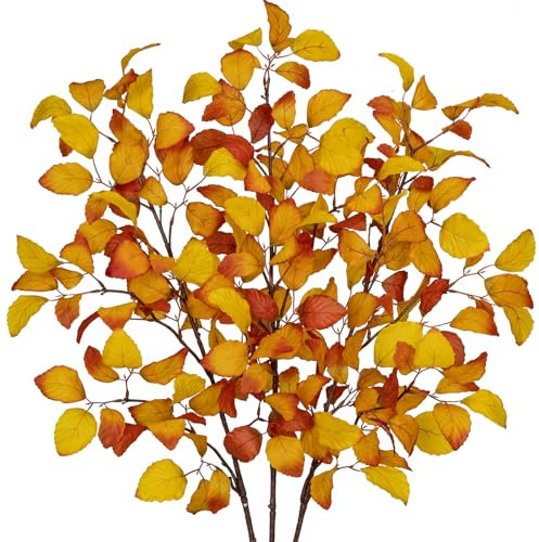 3 Stk. Künstliche Herbstblätter, Herbstlaub Künstliches Fagus Sylvatica Deko Herbst, Kunstzweige Lange Stiele für Blumengestecke Herbstdekoration, Gold