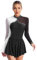 iEFiEL Damen Langarm Eiskunstlauf Kleid Patchwork Kürkleid Kurz Tanzanzug Trikotanzug Tanzbody Glänzende Tanzkostüm Schwarz XXL
