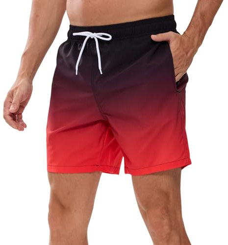 Vorvowry Maillot de Bain Homme Étanche Short de Bain Séchage Rapide, Poches Zippée Invisible et Doublure en Maille Mode d'été Dégradé Couleur Maillots de Bain XL Rouge Noir