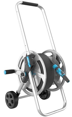 Flopro-HEAVY DUTY metal hose cart on wheels 50m: Strong frame for stability, adjustable handle & wide wheels. Complete with SUPERGRIP hose connectors & nozzle. Fits all brands. 3 year guarantee