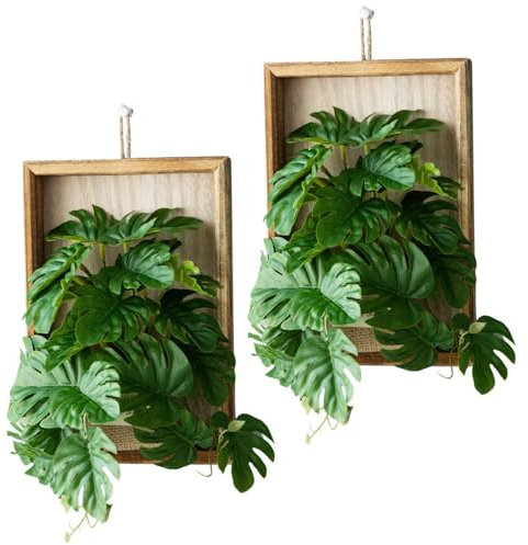 Décor mural de plante 2pcs Rrealistic Faux Monstera Feuilles dans des cadres en bois massif plantes murales décor artificielles de fausses plantes murales rustiques pour salle de bains de la ferme Be