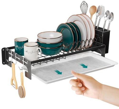 junyuan Abtropfgestell zur Wandmontage, zum Aufhängen von Geschirrabtropfgestellen für Küche, Abtropfgestell mit Abflussschale, Schalen, Teller, Kaffeetassen, Weingläser, Utensilienhalter, klein,