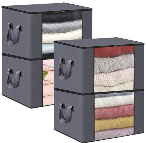 Rubessia Aufbewahrungstasche 4 Stück 90L,Aufbewahrungsbox mit Deckel, Kleiderschrank Organizer Faltbare,für Kleidung Bettdecken Kissen Aufbewahrung Boxen,Unterbett Kleiderschrank