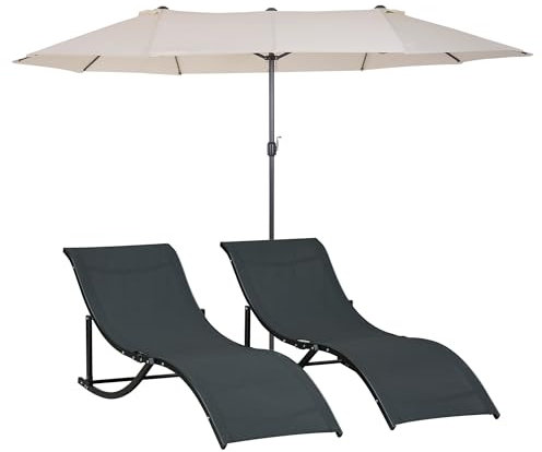 Outsunny Conjunto de Sombrilla Doble y 2 Tumbonas Plegables en Forma de S para Piscina Patio Jardín Terraza 4,55x2,65x2,38 m 165x61x63 cm Beige y Negro