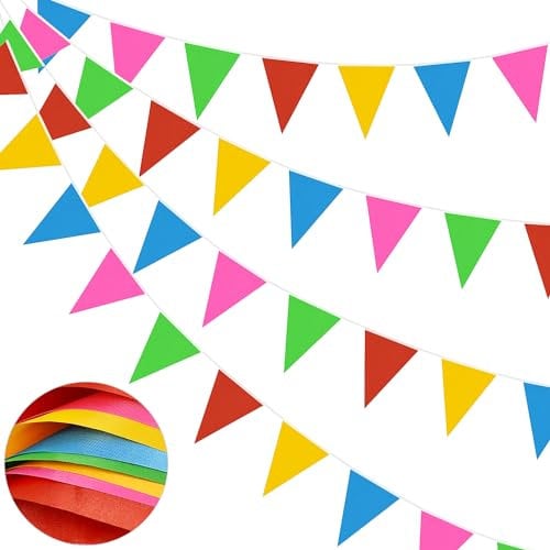 66ft/20M Bunting Banner, Reusable Bunting Flags Polyester Fabric Bunting with 52pcs Triangle Flags for Home Outdoor Garden Birthday Wedding National Day Party Decoration