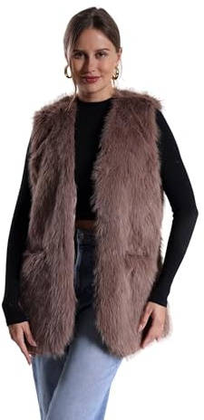 FunnyCos Women's Faux Rabbit Fur Vest Jacket Waistcoat Coat Winter V Neck Sleeveless Fluffy Warm Fake Fur Gilet with Pockets Brown,M