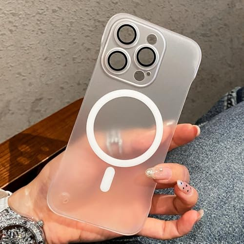 YVWUNH Magnetic Ultra Thin Matte Frameless Phone Case For iPhone 15 14 12 13 Pro Max Full Lens Protector Translucent Frosted Back Cover,White,For iphone15