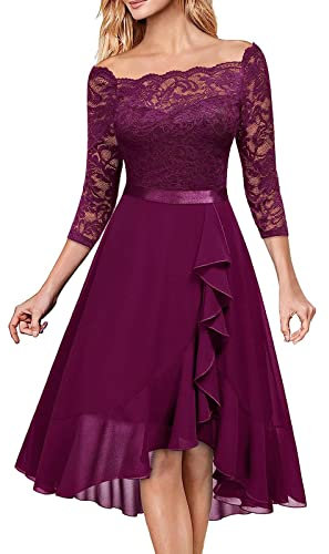 Robe mi-longue à épaules dénudées pour femme - Manches 3/4 - Col droit - En dentelle - Patchwork - Robe de cocktail, violet, S