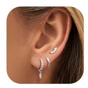 Morfetto Ohrringe Silber 925 Set für Mehrfach Piercing Zierliche Ohrringe für Damen 14 Karat vergoldet Hypoallergenes Creolen Tropfen Silber 925 Ohrstecker Knorpelohrring Set leafS