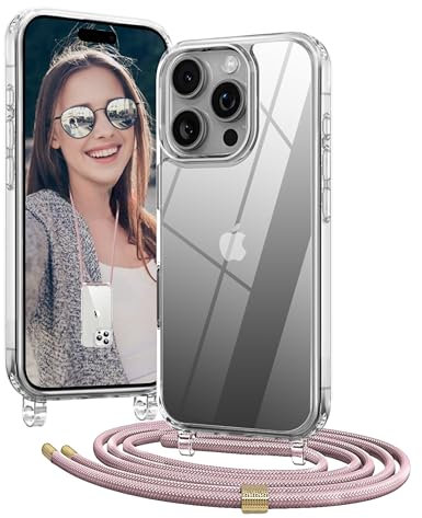 OLEPHY Cover per iPhone 16 Pro Max con Cordino 6,9'', Trasparente Custodia con Regolabile Collana, Protezione Completa [Antiurto] [AntiGraffio] Case con Laccio Tracolla, Oro Rosa