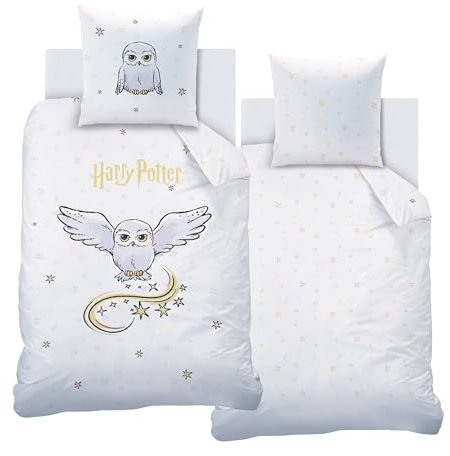 Bettwäsche 135x200 Flanell, Biber Harry Potter Hedwig, kuschelig weich für Herbst & Winter, Kissenbezug 80x80 + Bettbezug 135x200, 100% Baumwolle, Hogwarts Eule in Weiß