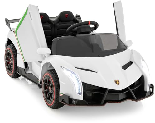 GOPLUS 12V Elektroauto Lamborghini mit 2,4G-Fernbedienung, Kinderfahrzeug mit helle LED-Leuchten, Hupe & hydraulischer Türen, Elektrofahrzeug mit Musik & MP3 für Kinder von 3-8 Jahre (Weiß)