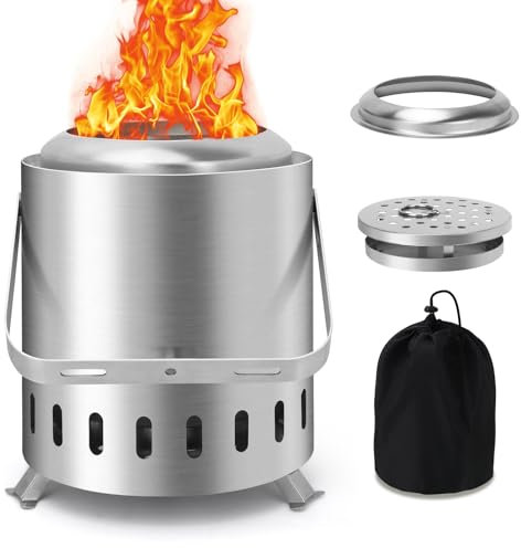 YIKEDAN Feuerschale Outdoor mit Tragegriff, Mini Feuerstelle Rauchfreie für den Garten, Raucharmer Tischfeuer Mit Pellets oder Holz, Edelstahl, Inkl. Standfuß, Aufbewahrungsbeutel