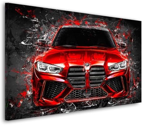 Kunstgestalten24 | BMW M4 Abstrakt Red Style Auto Leinwand-Bild | mit Echtholz-Keilrahmen | Leinwandbild Wandbild Gemälde Kunst Art | Hochwertige Kunstdrucke | XXL Bilder auf Leinwand