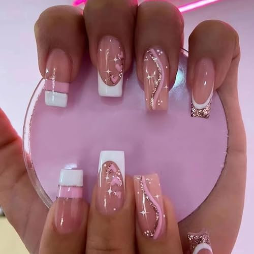 LunarCharm Lot de 24 Faux Ongles Longs en Acrylique Rose en Forme de Cercueil, Ballerine à Coller