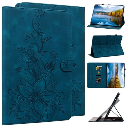 DayQiQiPu Case for Amazon Fire HD 8 (8 Inch, 6th/7th/8th Generation, 2016/2017/2018 Release) PU Leather Lotus Lily Flower Pattern Flip Tablet Case Card Slot Stand Protection Cover,Dark Blue
