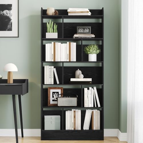 Hzuaneri Bücherschrank, Bücherregal, mit 6 Fächern, Aufbewahrungsregal, Standregal, für Wohnzimmer, Büro, Schlafzimmer, 24 x 80 x 170 cm, Schwarz BC22804X