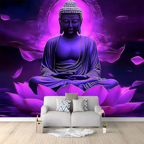 Vlies Fototapete 3D Effekt 400 x 280 cm Wandbild Schlafzimmer Wohnzimmer Wand Dekoration Fantasie Lotus Buddha Motivtapeten Poster tapete Lila Fototapete für Kinderzimmer Büro