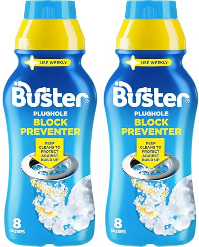 Buster Block Preventer, 500ml, Pack of 2 - Prevent Drain Blockages in Bathrooms and Kitchens, Deep Clean to Protect Against Build-Up, Suitable For All Plughole types, Pipes and Overflows