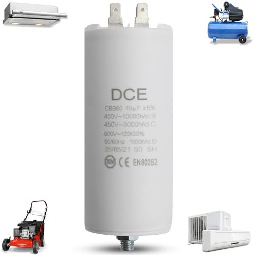 TECHZOCO Condensador de arranque para motor eléctrico, Condensador para bomba de piscina, Adecuado para bombas, Lavadoras, Cortadoras de césped y otros aparatos, 450V, 4 pines / M8, Capacidad 45.0 µF