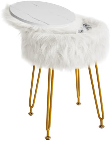 IBUYKE Runde Faux Pelz Eitelheit Hocker mit Aufbewahrung, Pelz Make-up Stuhl Ottoman, weich gepolsterter Sitz, Runde Fußlehne Fußhockel mit 4 Metallbeinen, für Wohnzimmer Schlafzimmer, weiß WBD021W