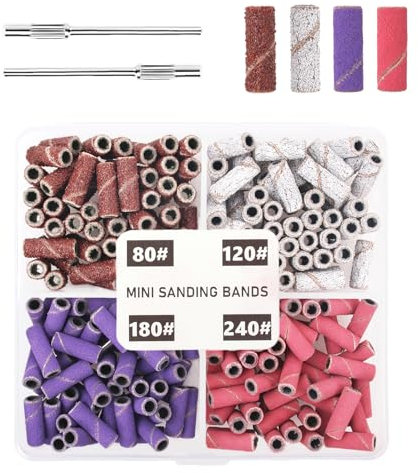 BELICOO 220 Pcs Small Sanding Bands for Nail Drill with 2Pcs 3.1MM Mandrel Bit, 80# 120# 180# 240# Coarse Fine Grit Mini Sanding Bands for Natural Nails, Acrylic, Gel Manicures and Pedicure