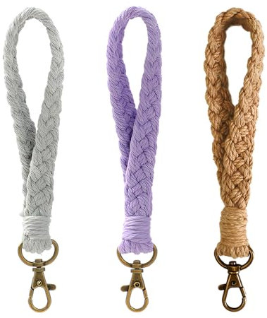 ZBKJYILF Schlüsselanhänger Makramee 3 Stück Boho Schlüsselband Kurz aus Stoff, Handgeflochtener Schlüsselbund für Frauen & Damen